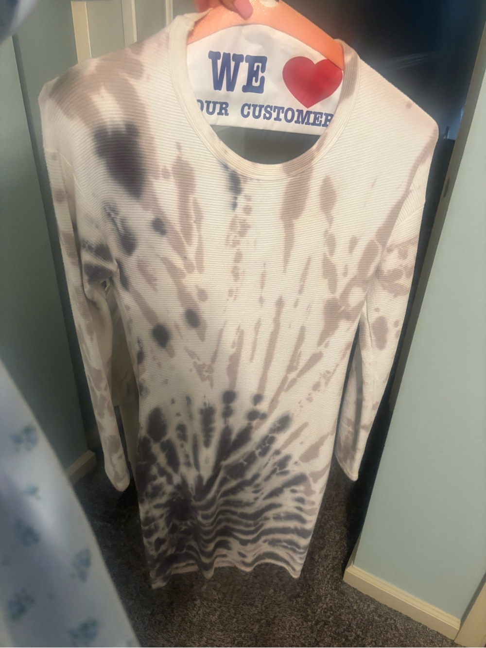 Tie-Dye Long Sleeve Ribbed Dress in White and Taupe